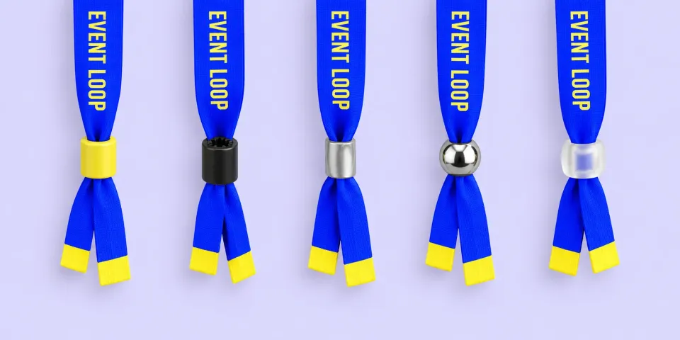 Five soft wristband closures side by side: yellow Berlin plastic, black Oslo plastic, silver metal, Vegas metal bead and clear Tokyo plastic