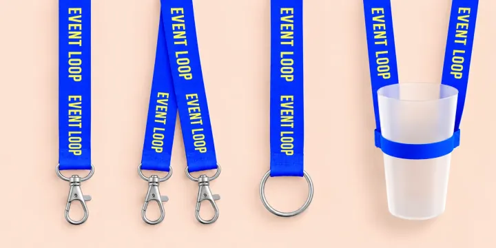 Four blue polyester lanyard models with EVENT LOOP in yellow: single snap hook, two snap hooks, metal ring and cup holder