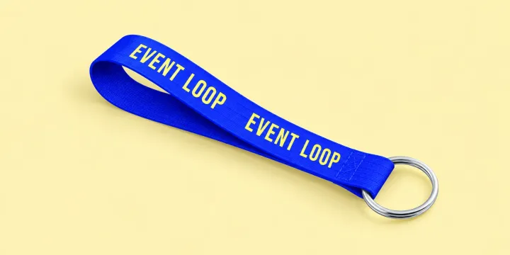 Blue polyester keyring strap with EVENT LOOP in yellow and a metal ring