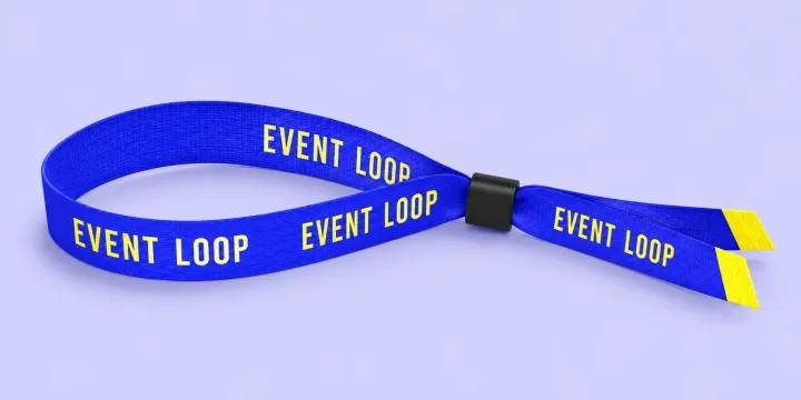 Blue polyester soft wristband with EVENT LOOP in yellow and a sliding clasp