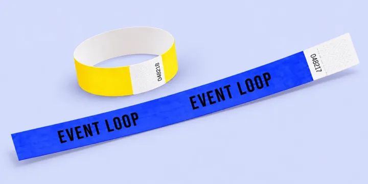 Blue and yellow Tyvek paper wristbands printed with EVENT LOOP and a serial number